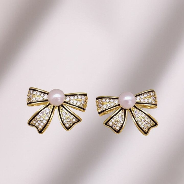 PJT-995 Bow Shape Zircon Pearl Earrings for Women �Korean Style Jewelry with Sparkling Zircon &amp; Classic Pearl Center | Available in Golden &amp; Silver | Perfect Gift for Parties, Weddings &amp; Everyday Fashion - Golden