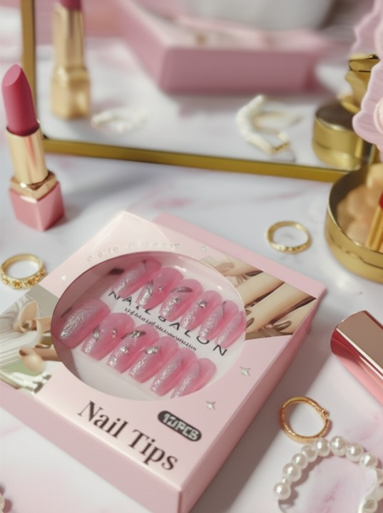Luxury Pink Nail Tips Set �12 PCS False Nails with Glitter &amp; Rhinestone Design | Elegant Salon-Style Press-On Nails for Parties, Weddings &amp; Everyday Fashion