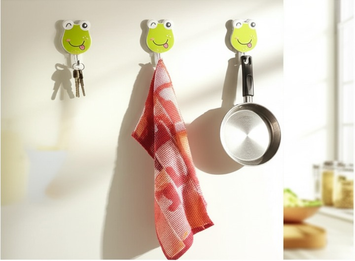 Pack Of 3 Self Adhesive Wall Hooks �Waterproof Cartoon Sticky homes for Home &amp; Kitchen | Heavy Duty Multipurpose Storage Hooks | Easy No-Drill Installation | Strong Adhesive for Glass, Wood, Plastic, Stainless Steel | (Random Color)