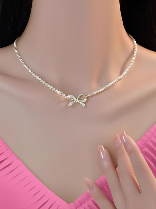PQT-992 - Bow Shape Pearl Pendant Necklace for Women �Dainty Jewelry with Sparkling Bow Design | Available in Silver &amp; Golden Finish | Perfect Gift for Weddings, Parties &amp; Everyday Glamour - Golden