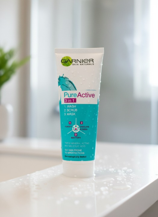 Garnier 3 in 1 Pure Active Face Wash �100ml Liquid Cleanser for All Skin Types, Deep Cleansing and Refreshing Skincare
