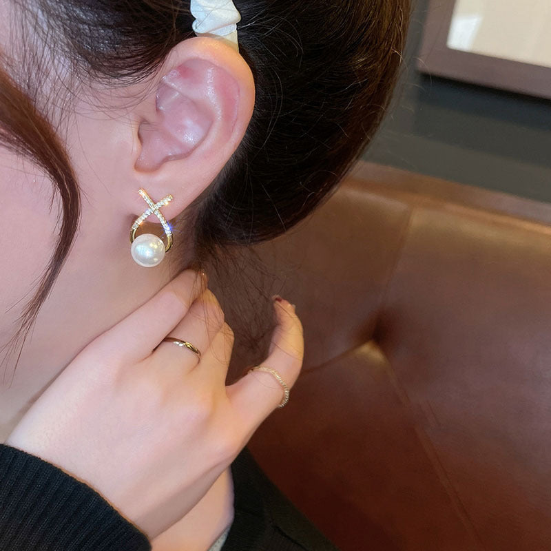 Elegant Golden Cross Pearl Zircon Earings Pearl – photo 5