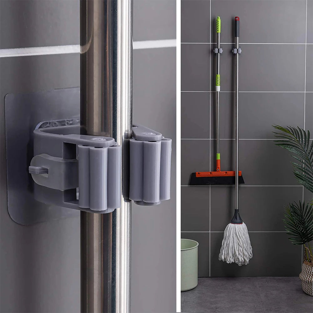 Pack of 3 Mop and Broom Self Adhesive Holder Wall Mount Magic Hanger Organizer Cleaning Tools Storage Mop Rack (Random Color)