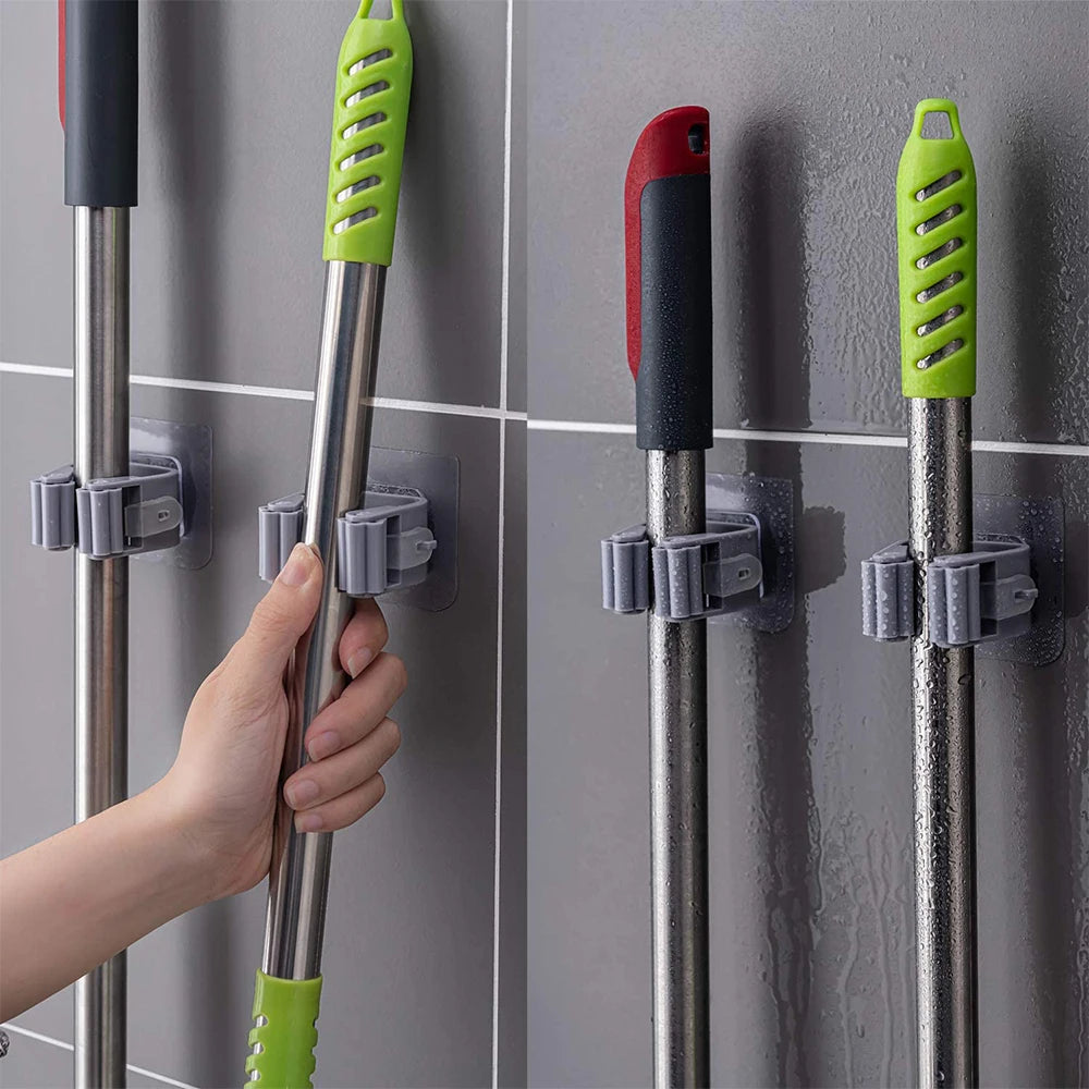 Pack of 3 Mop and Broom Self Adhesive Holder Wall Mount Magic Hanger Organizer Cleaning Tools Storage Mop Rack (Random Color)