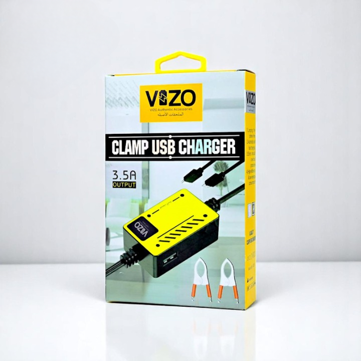 Vizo V5000 �Multi-Port Clip Charger | V5000 �3.5A Multi-Port Clip Charger with Micro USB, Type-C &amp; USB-A | Versatile Clamp Design for Smartphones &amp; Tablets
