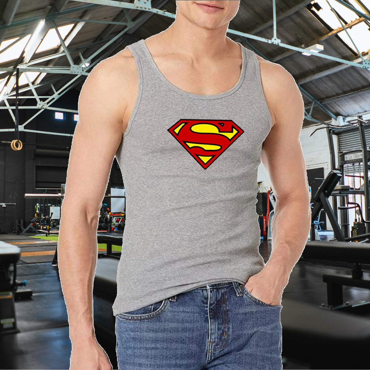 Superman Jersey Gym Sando Tanks Top For Men | Crossfit Clothing Male Casual Stringer Singlet Vest Undershirt - M
