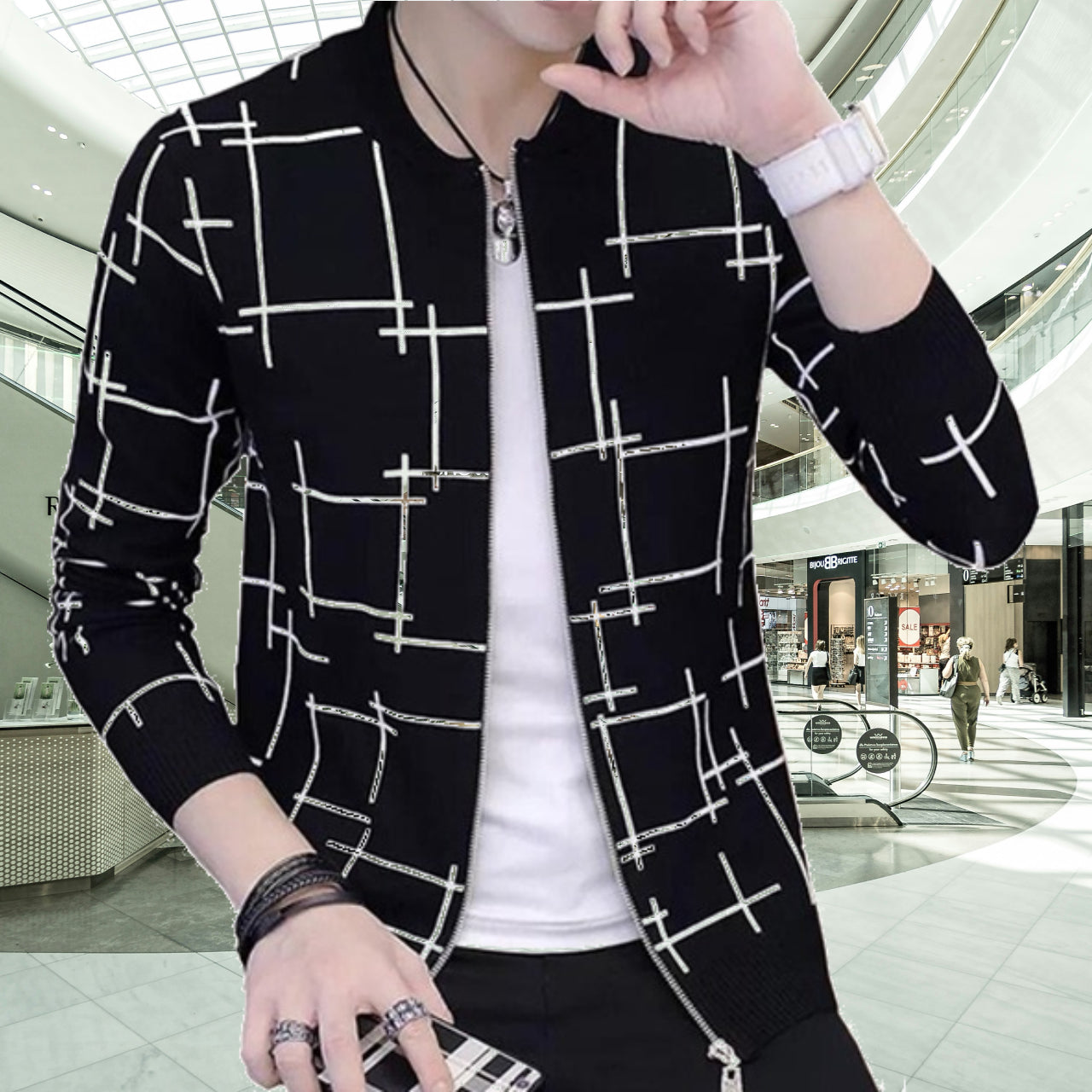 Fashionable &amp; Premium Quality - Stay Stylish with a Black Lining Printed Zipper Jacket, Featuring Trendy Design and Wash and Wear - L