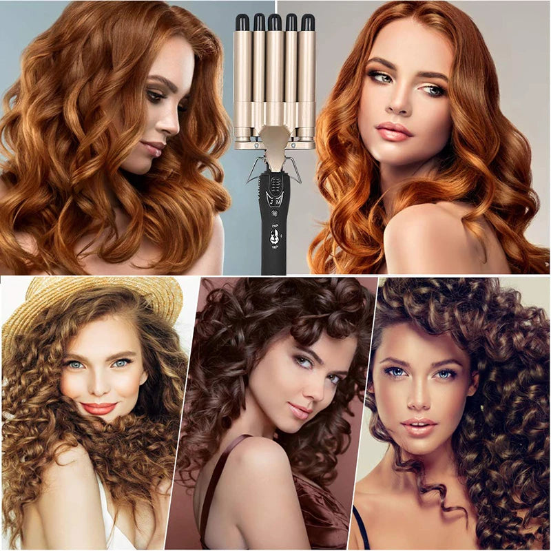 Hair Crimper, 5 Barrel Easy Curling Iron Wand 14 Levels Temperature Adjustable for Do Hairstyle for Girls for Curly Hair