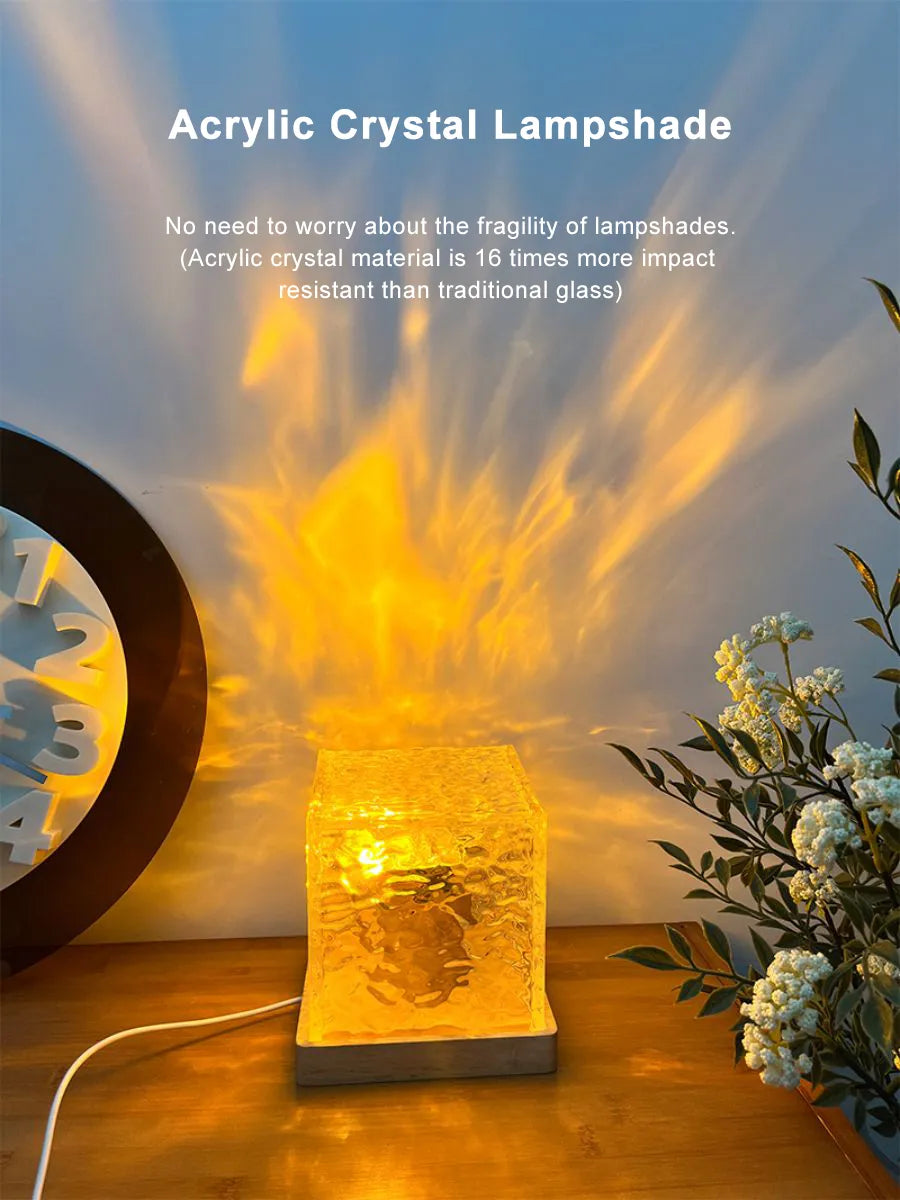 Dynamic Rotating Water Ripple Night Light 3 Colors Flame Crystal Lamp for Living Room Study Bedroom (with remote Attached USB cable)