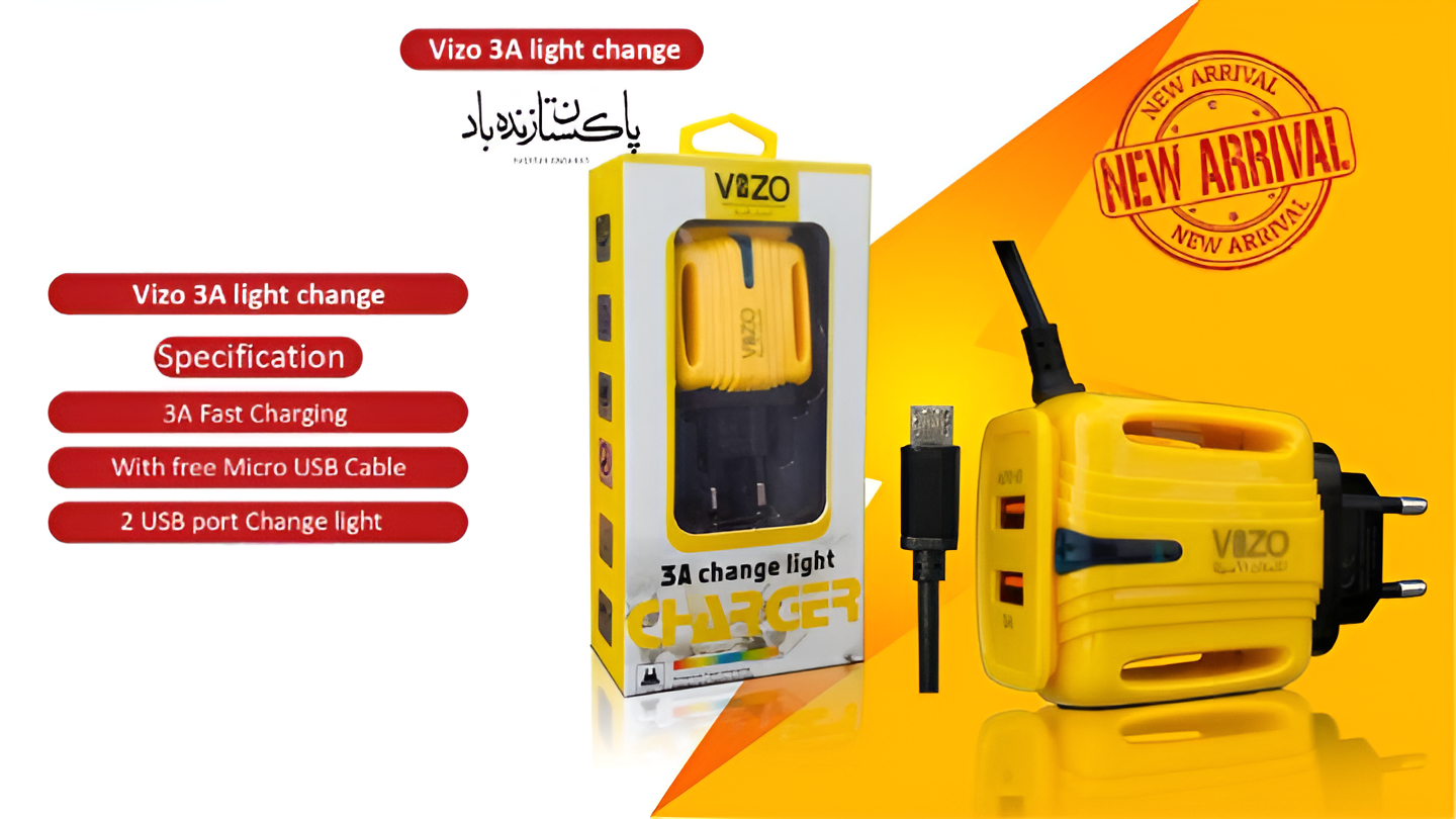 3A Light Change Charger with 2 USB Ports &amp; Built-in Micro USB Cable | Best Quality Charger For Android | Vizo 3A Charger