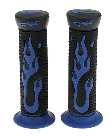 Universal Motorcycle Handlebar Grips 7/8" �Skull Head Flame Rubber Hand Grips (Black/Blue, Black/Red) - Black/Blue