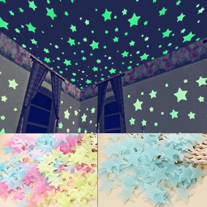 Pack of 100 -  Multicolor 3D Glowing Star Night Dark Room Decor