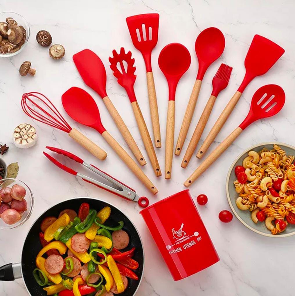 12 Pcs Silicone Cooking Utensils Kitchen Utensil Set | Heat Resistant Kitchen Non toxic Spatula Set with Turner Tongs,Spoon,Brush,Whisk-Wooden Handle(Random color)
