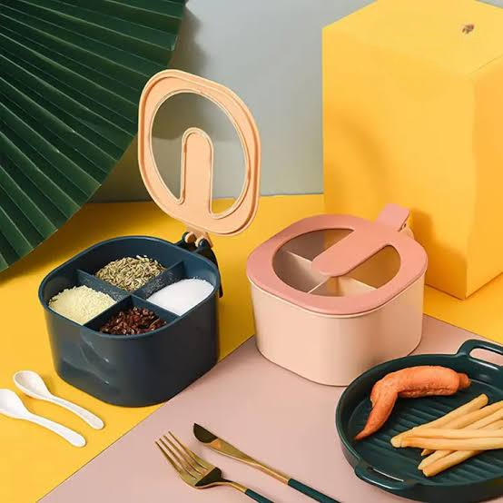 Combo Deal - 4 Section Spice Container Box &amp; Multi-function Spit Bone 10 Plate Set Kitchen Storage Organizer (Random color)