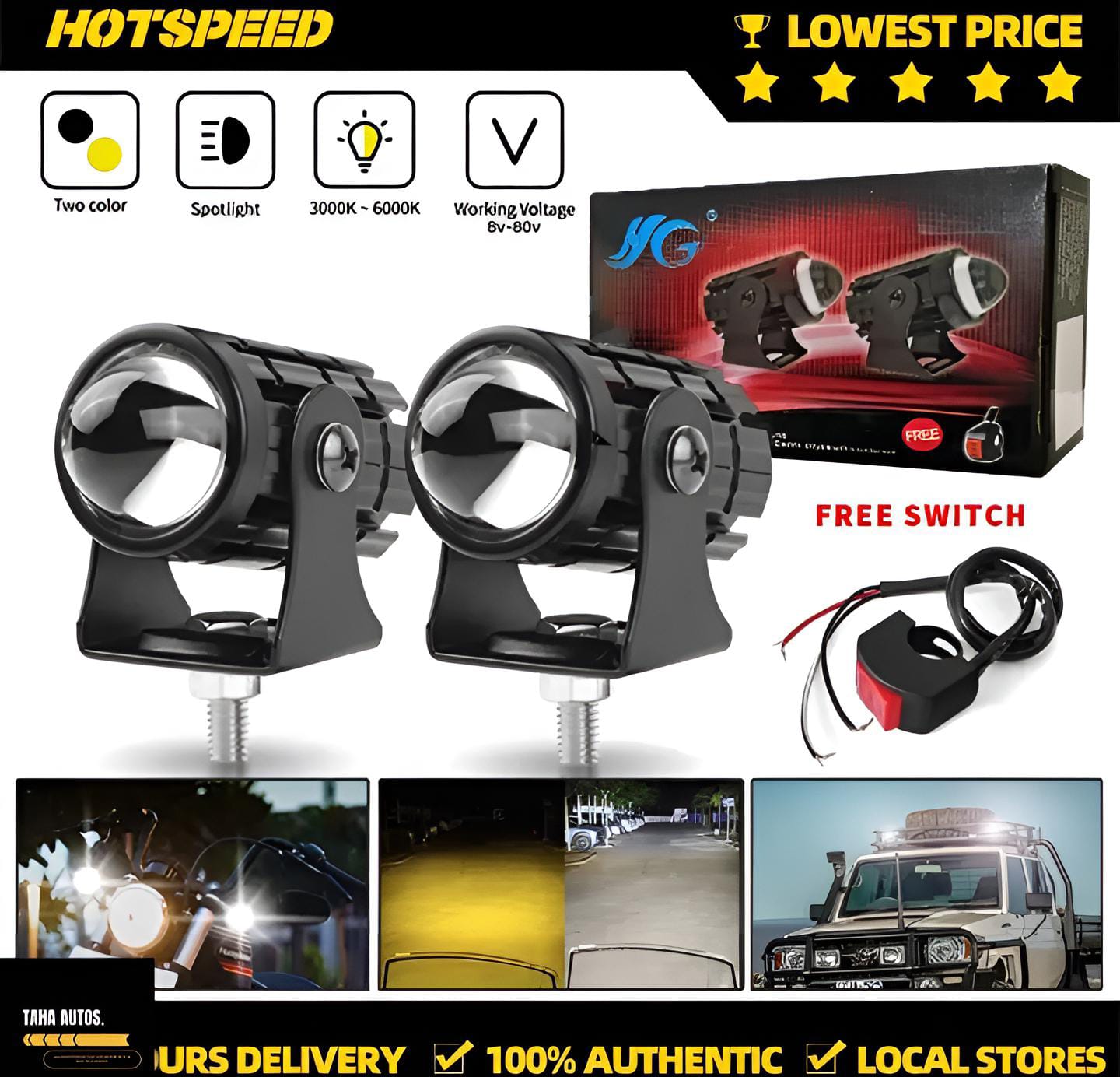 (2pcs) New Mini Driving Fog Light for All Motorcycle, Cars, Jeep(2pcs) Dual Function White-Yellow Lens Projectors Auxiliary Light 20w free button