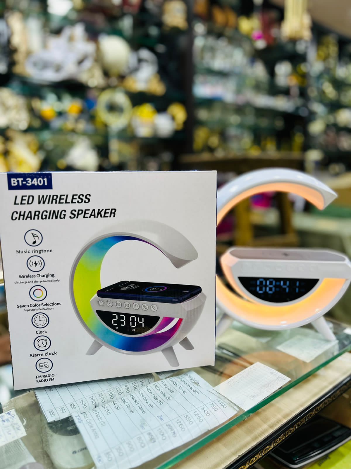 BT- 3401 Multi-functional LED Clock Display Speaker G Lamp | LED wireless charging speaker, G-shaped speaker light, Bluetooth Mp3 player, night light and alarm clock, for living room