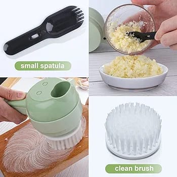 4 in 1 Handheld Electric Vegetable Cutter Wireless Food Processor for Garlic Pepper Chili Onion Celery Ginger Meat with Brush(random color )
