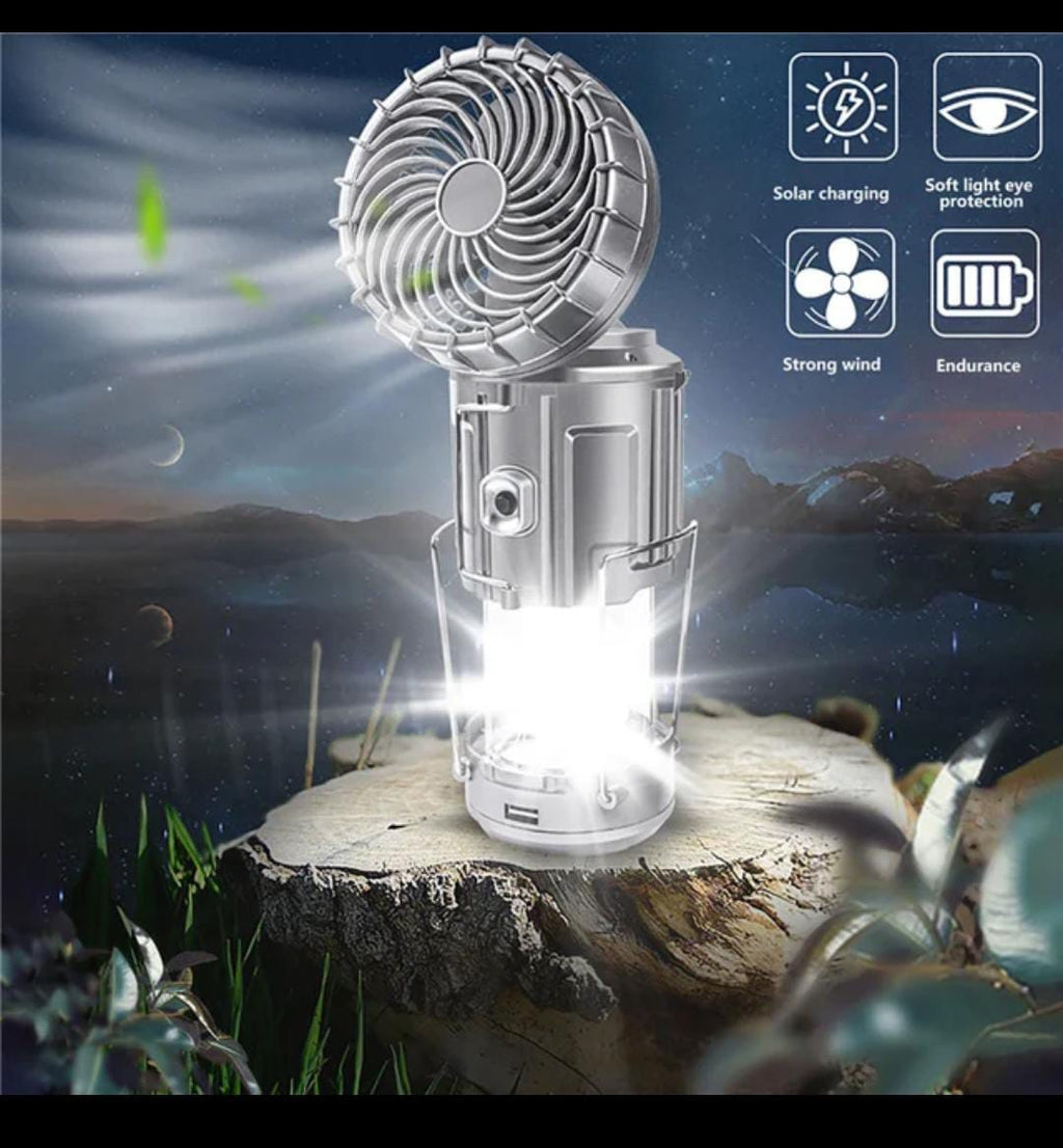 6 in 1 portable outdoor LED camping lantern with fan solar charge rechargeable light energy saving tent lamp flashlight