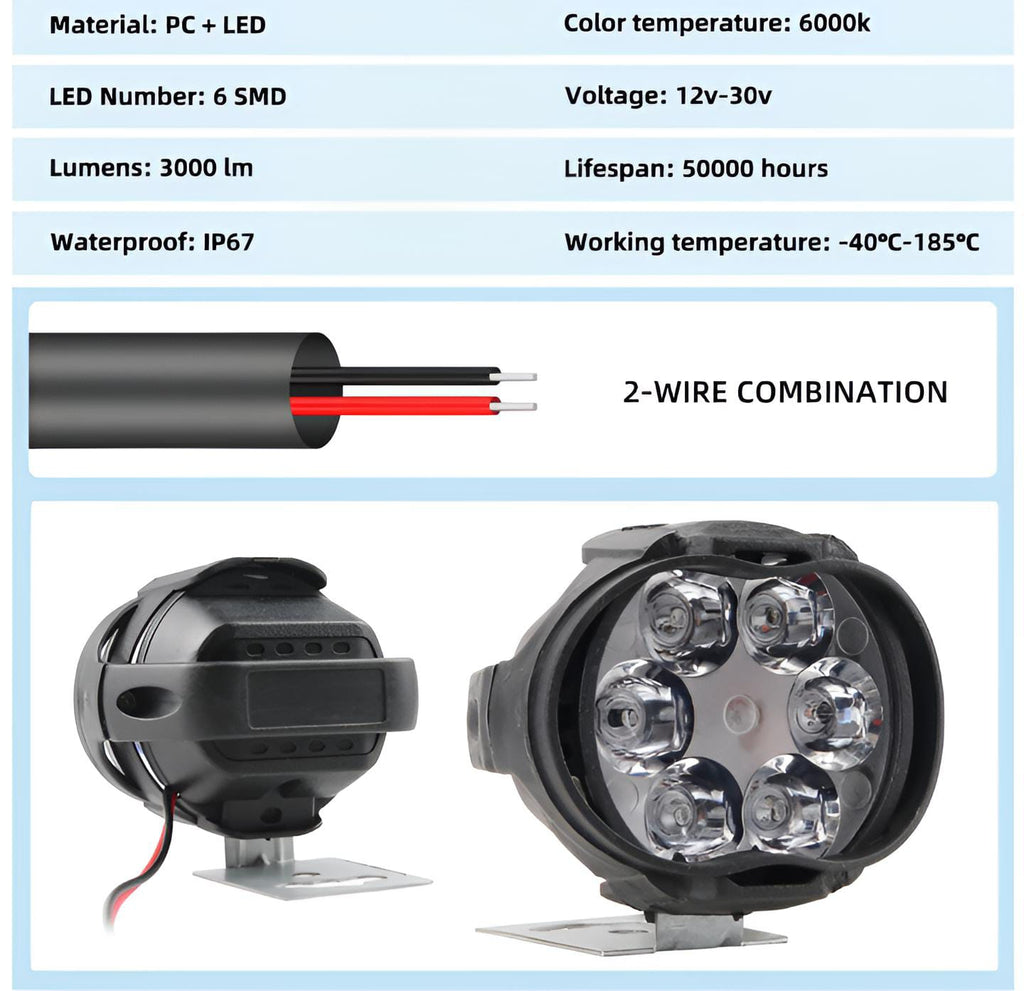 2PCS Work Lights 6 LED Motorcycle Headlight Spot Light Waterproof Super Bright Auxiliary Scooters Universal 12v Led Bar