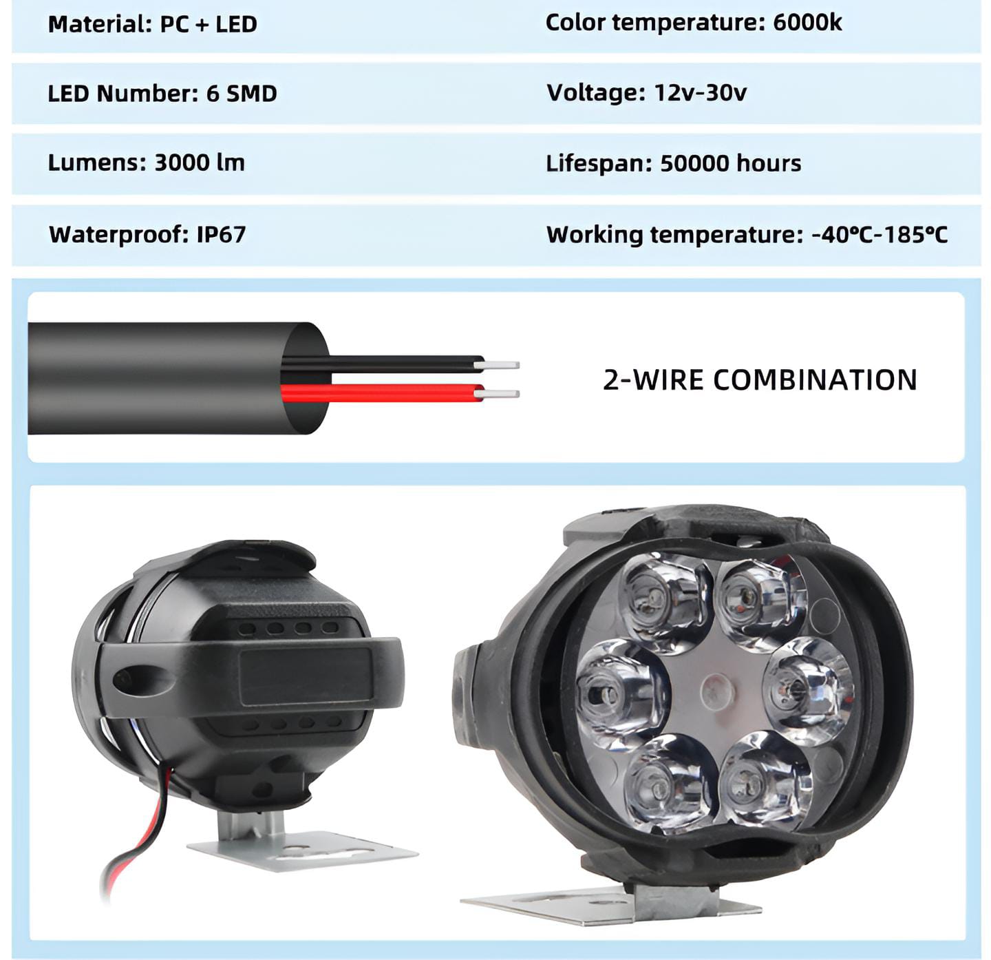 2PCS Work Lights 6 LED Motorcycle Headlight Spot Light Waterproof Super Bright Auxiliary Scooters Universal 12v Led Bar