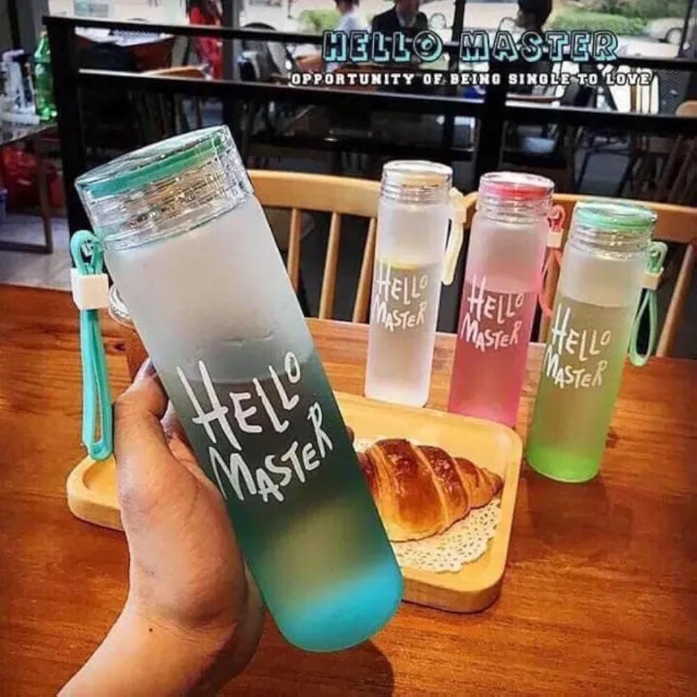 Frosted Glass Water Bottle With Hello Master Decal Logo - 400ml (Random color)
