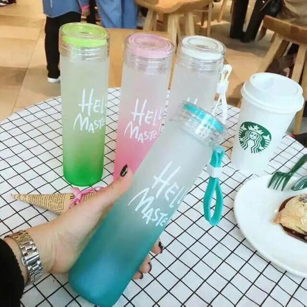 Frosted Glass Water Bottle With Hello Master Decal Logo - 400ml  (Random color)