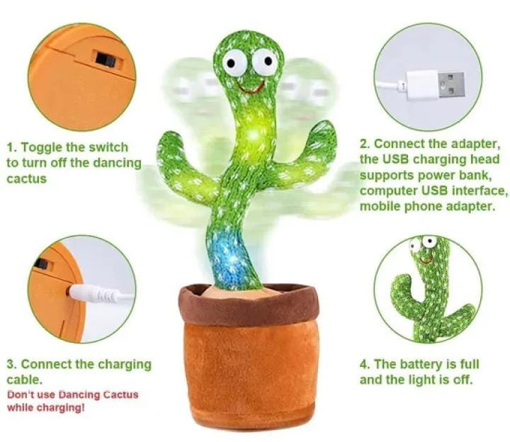 Dancing Cactus Toy �Singing, Talking, Voice Recording Plush with USB Rechargeable Function �Fun Educational Gift for Babies and Kids (Ages 6 Months &amp; Up) - Rechargeable - With Cap