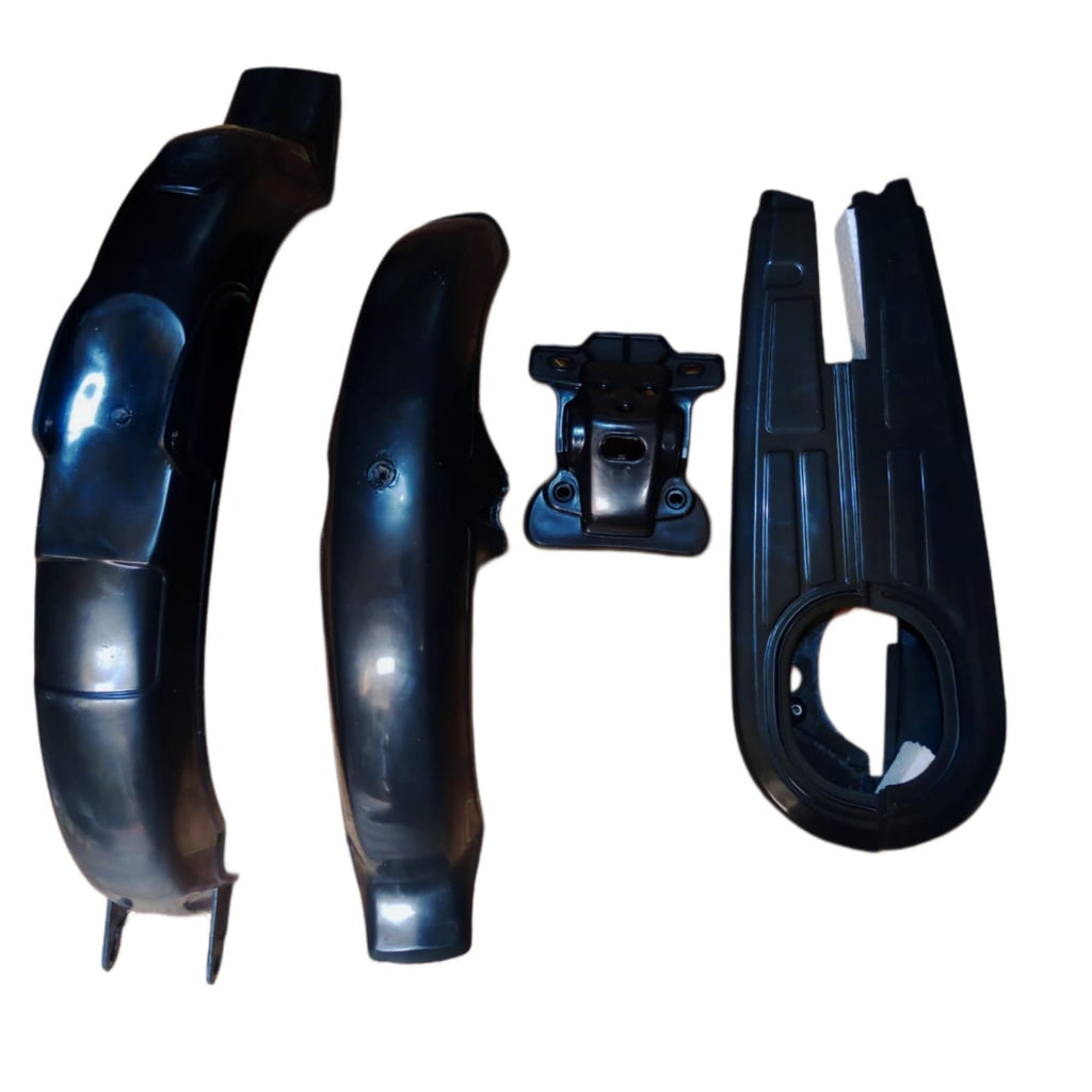 (Pack of 4) Unbreakable Plastic mudguards set plus chain cover and back light stand  for all 70cc bikes