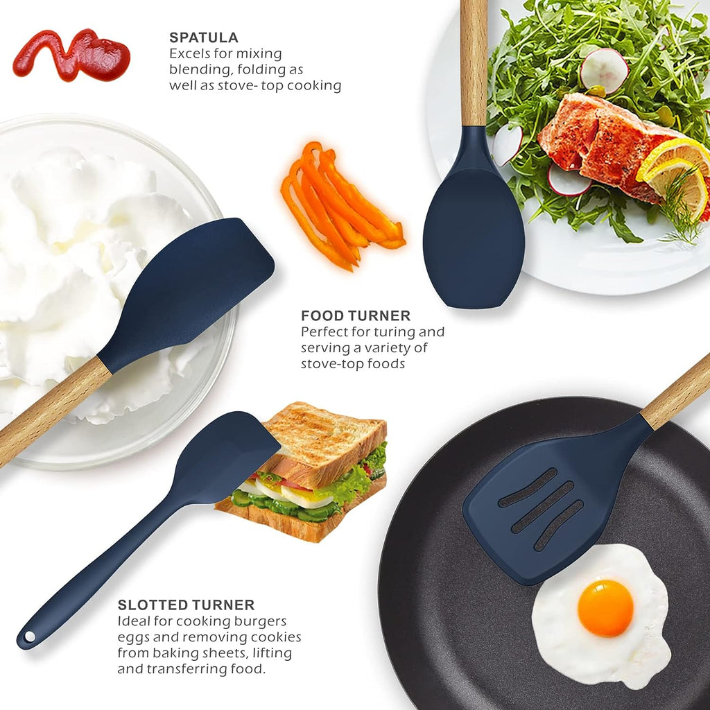 12 Pcs Silicone Cooking Utensils Kitchen Utensil Set | Heat Resistant Kitchen Non toxic Spatula Set with Turner Tongs,Spoon,Brush,Whisk-Wooden Handle(Random color)