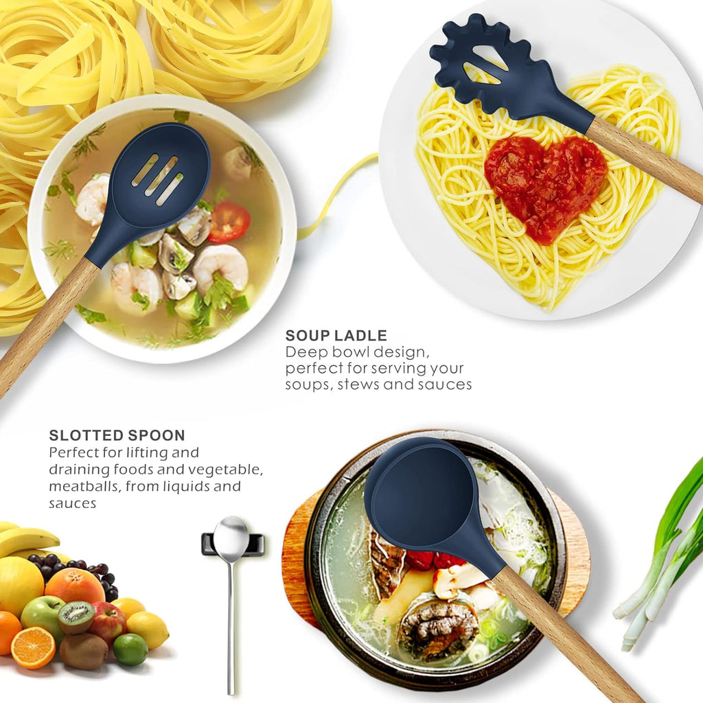12 Pcs Silicone Cooking Utensils Kitchen Utensil Set | Heat Resistant Kitchen Non toxic Spatula Set with Turner Tongs,Spoon,Brush,Whisk-Wooden Handle(Random color)