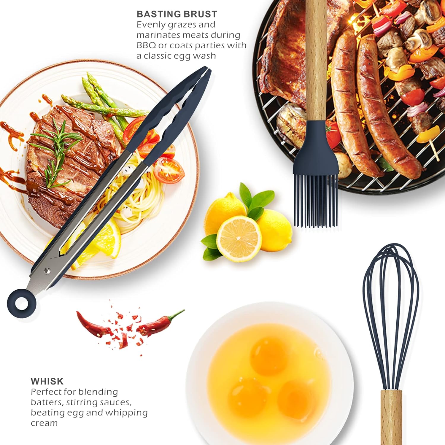 12 Pcs Silicone Cooking Utensils Kitchen Utensil Set | Heat Resistant Kitchen Non toxic Spatula Set with Turner Tongs,Spoon,Brush,Whisk-Wooden Handle(Random color)