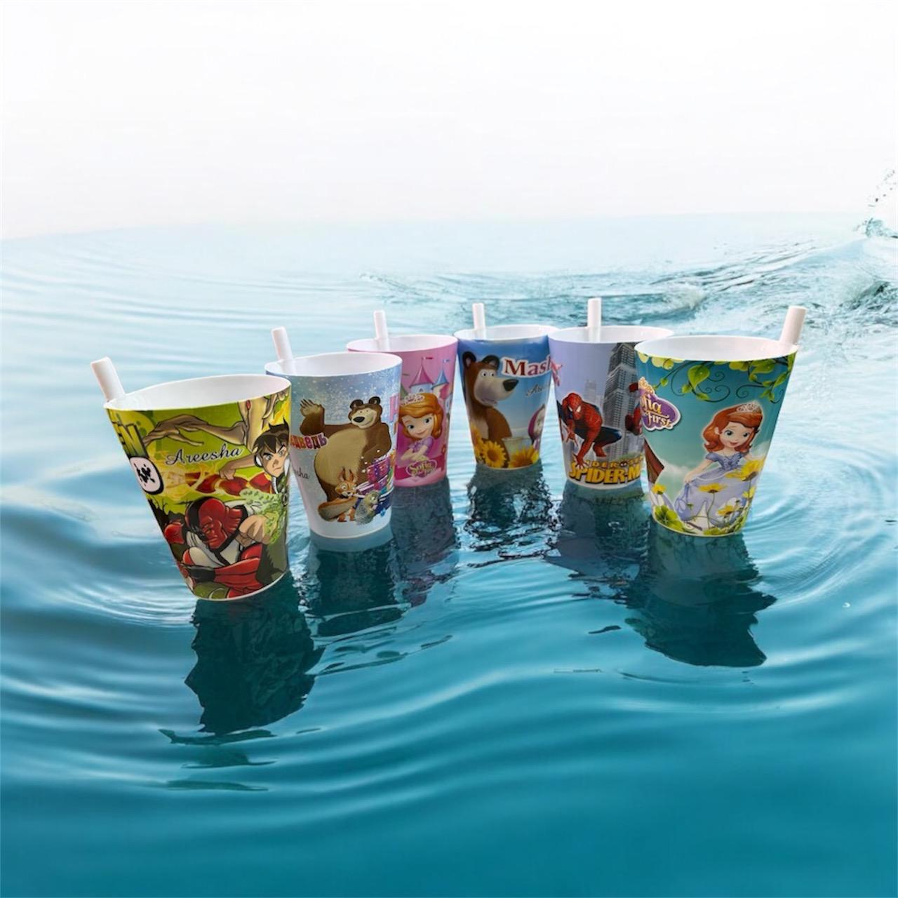 (pack Of 6) Built In Straw Glass Kids character unbreakable (mix Characters)