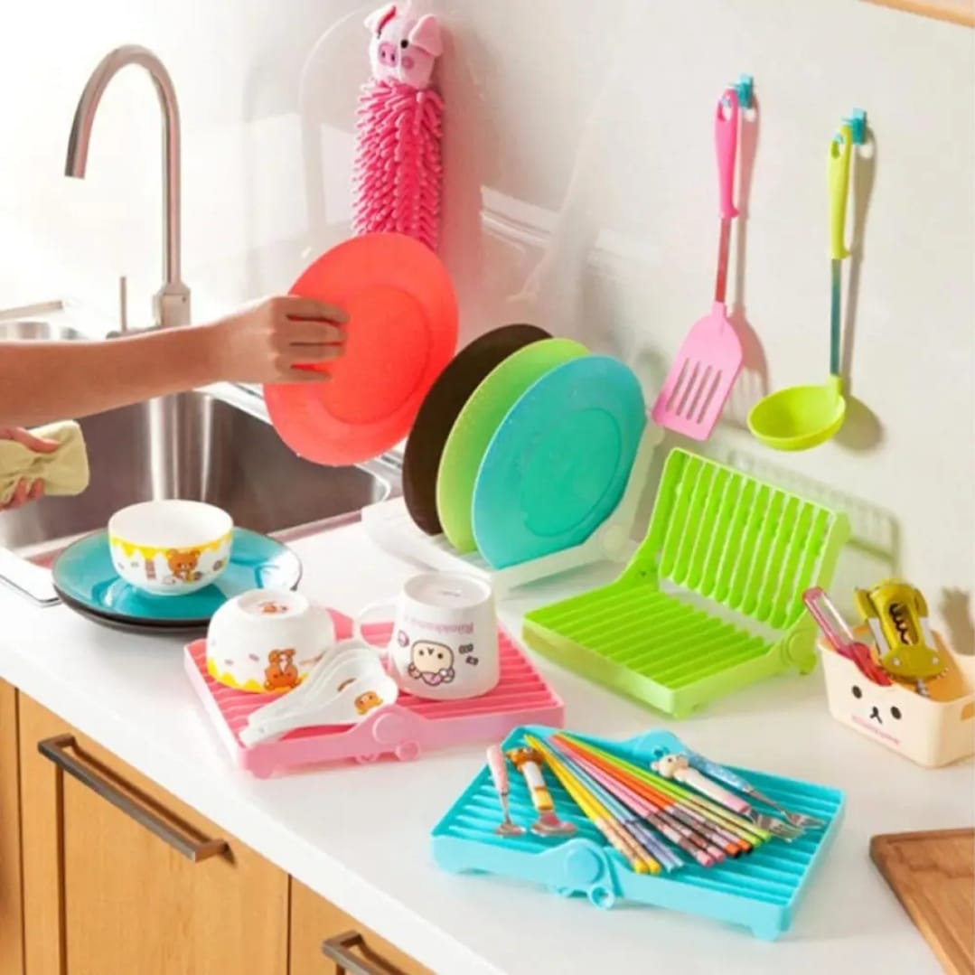 Small Kitchen Foldable Dish Plate Drying Rack | Multipurpose Space Saving Storage Organizer Plastic Rack (Random color)