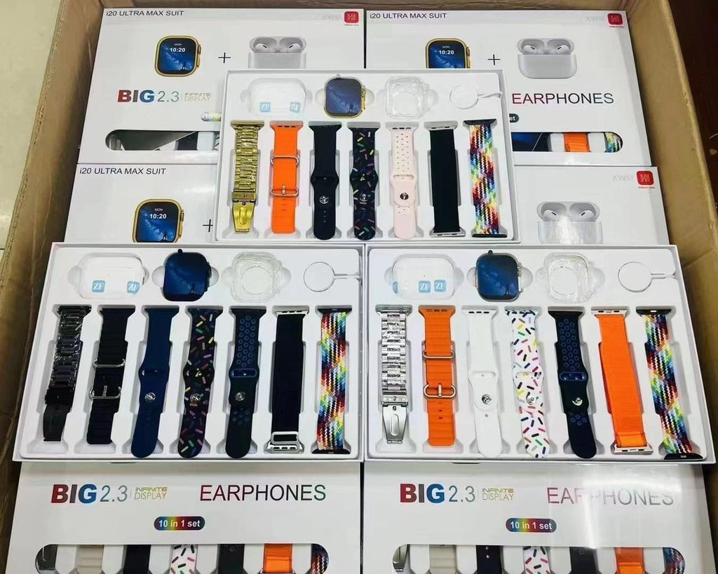 i20 Ultra Max Suit Smartwatch 10-in-1 Box �2.3-Inch Large Display with 7 Mixed Color Straps and AirPods 2 �Complete Smart Combo Set for Men and Women (Random Color)