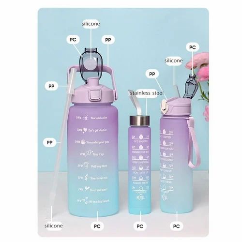 Sports Water Bottles 3 Pcs Set with Motivational Time Marker &amp; Leak Proof Flip Top Lid  (random color)