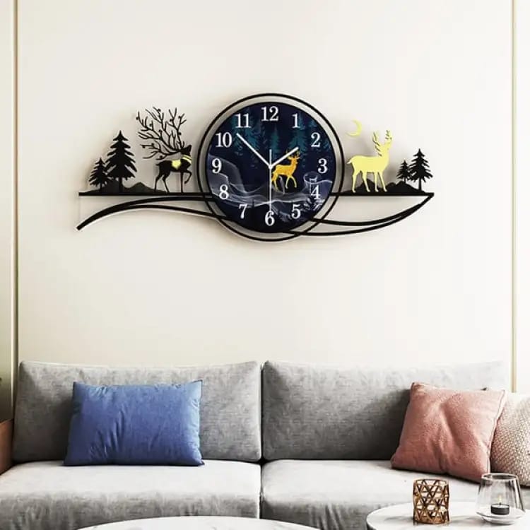 forest figure Deer  3d wood Wall clock blue jungle with light  Fancy Clocks for Bedroom and Drawing Room(with light)