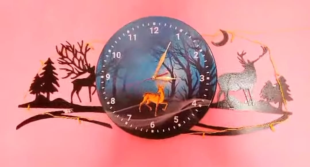 Forest Figure Deer Blue Jungle Clock Wall Clock, Fancy Clocks For Bedroom and Drawing Room - With Light
