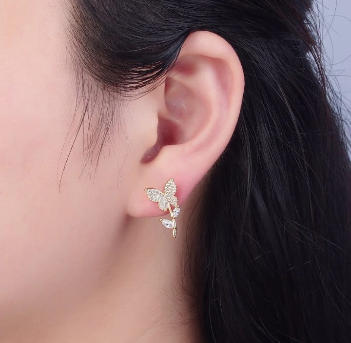 Golden Butterfly Flower Style Zircon Studs  for Women Girls