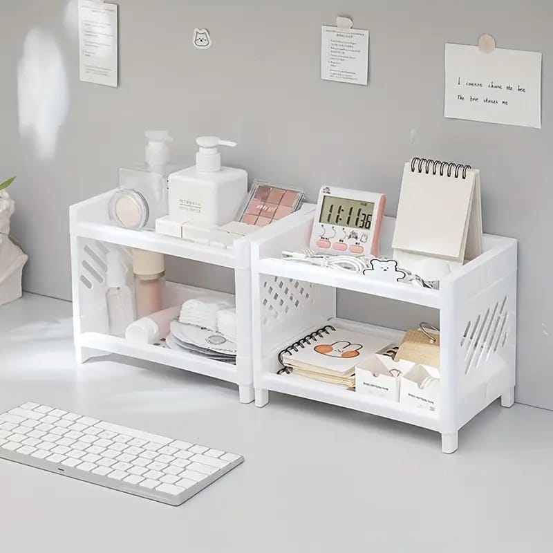 Desktop Double-Layer Plastic Storage Holder Rack Cosmetic Box Kitchen Bathroom Desk Shelf Organizer Office Supplies Stationery (Random Color)