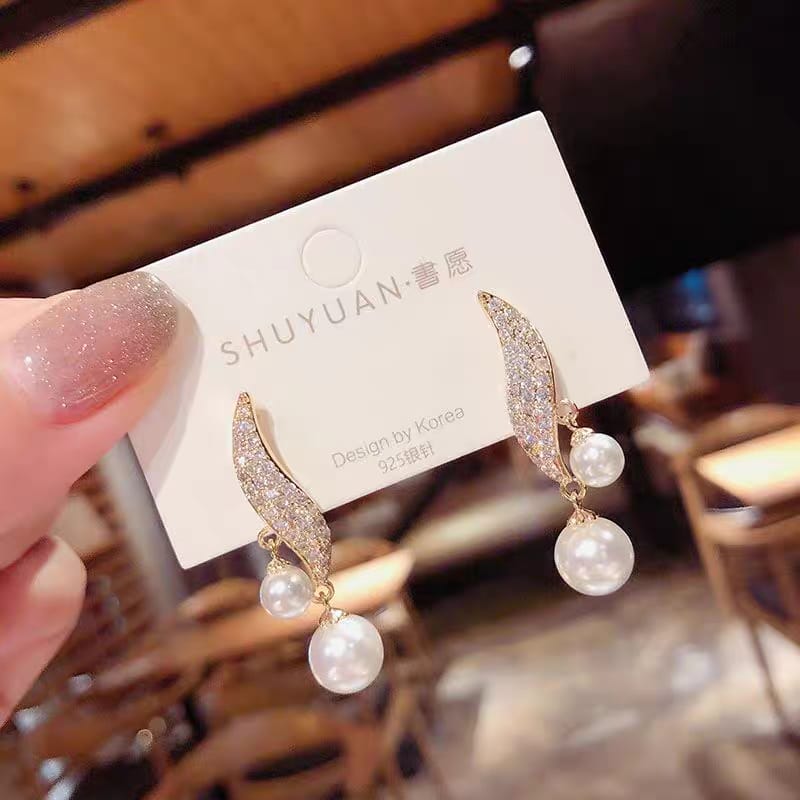 S Shape Crystal Leaf Drop Elegant Pearl Zircon Korean Earing - silver