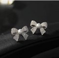 Korean  Elegant Zircon Bow style Earrings Pearl style Bow Earrings For Girls - Silver