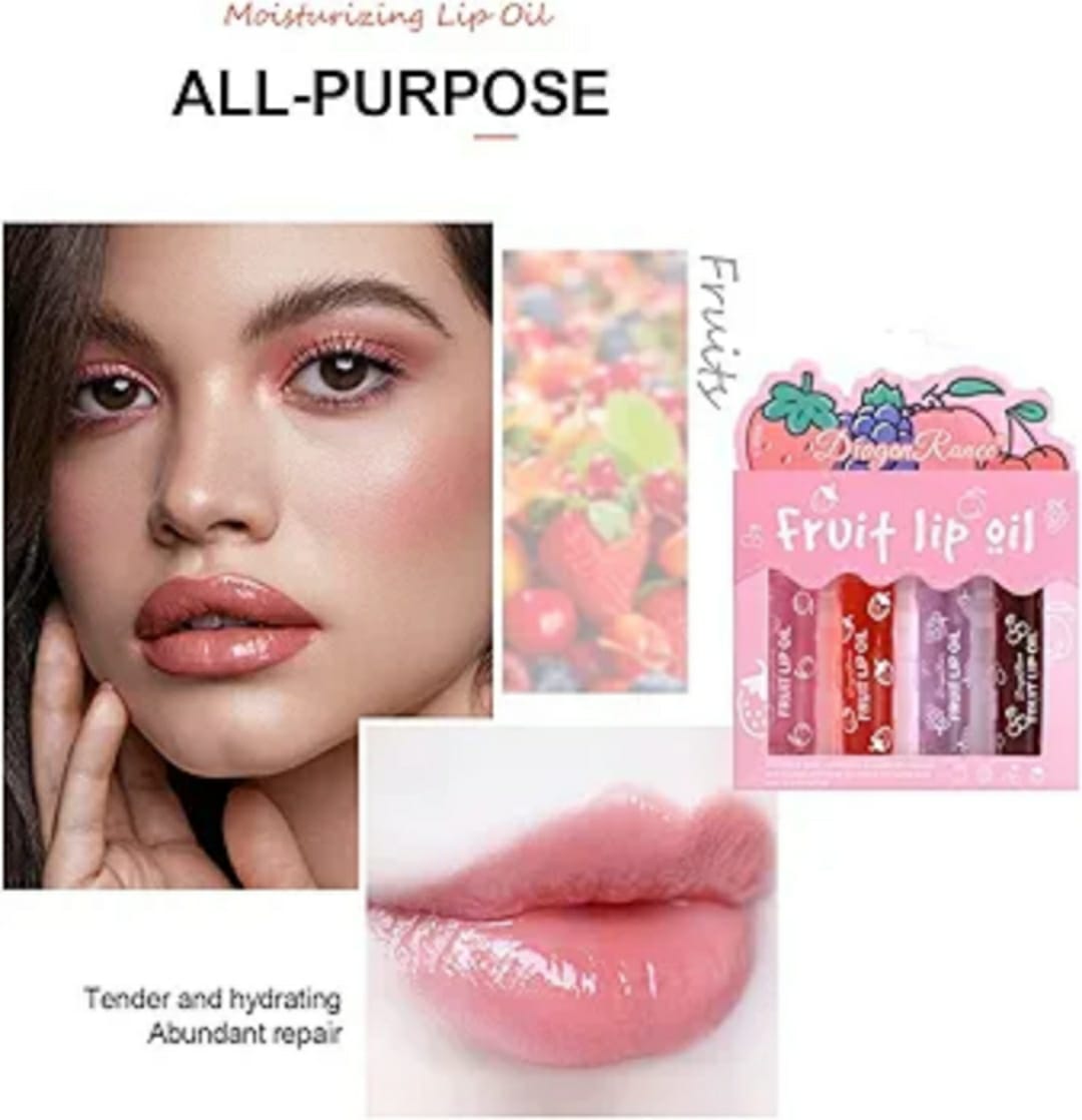 Pack of 4 - Fruit Lip Oil Set, Non-Sticky Long Lasting Moisturizing Lip Oil Lip Care Oil