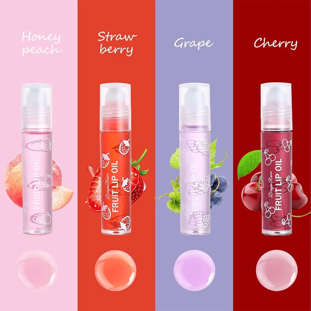Pack of 4 - Fruit Lip Oil Non-Sticky Set In Peach, Grape, Strawberry, Cherry Flavor
