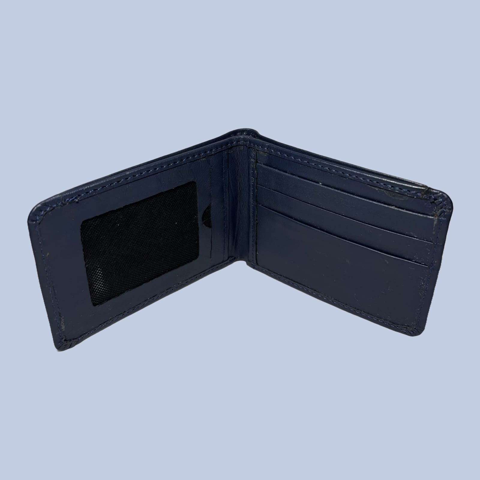 buffalo Leather  Plain Wallet Men Short Wallet Purse Small Vintage Wallets Card Holder ( dark blue )