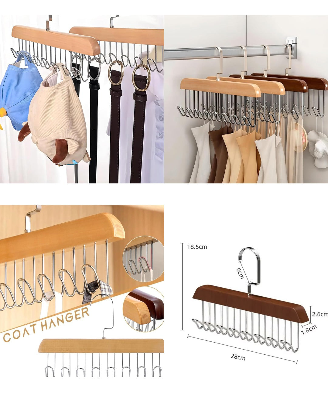 8 Hooks Wooden Clothes Hanger With Tie Rack Belt Hangers with 360?Rotating