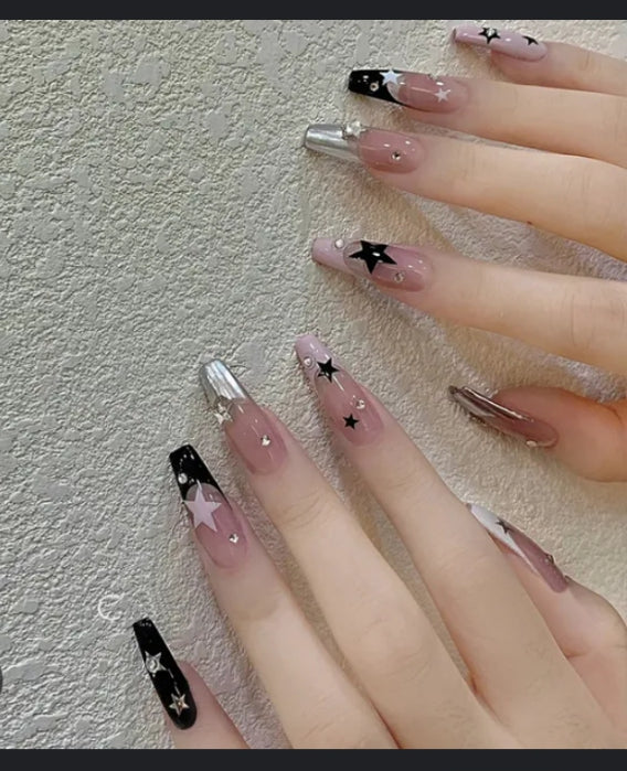10 PCs Fake Nails False Nails Wearable Nails Stylish Pattern Artificial Nails | Fake Nails For Girls | Artificial Nails For Women with Sticking Dots ( Random Design )