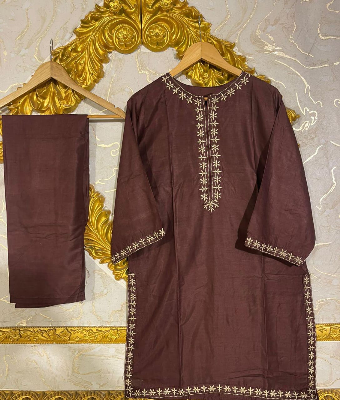 2pcs Stitched Suits 2 Pcs Elegant Women's Stitched Embroidered Linen Shirt And Trouser - mustard, Medium