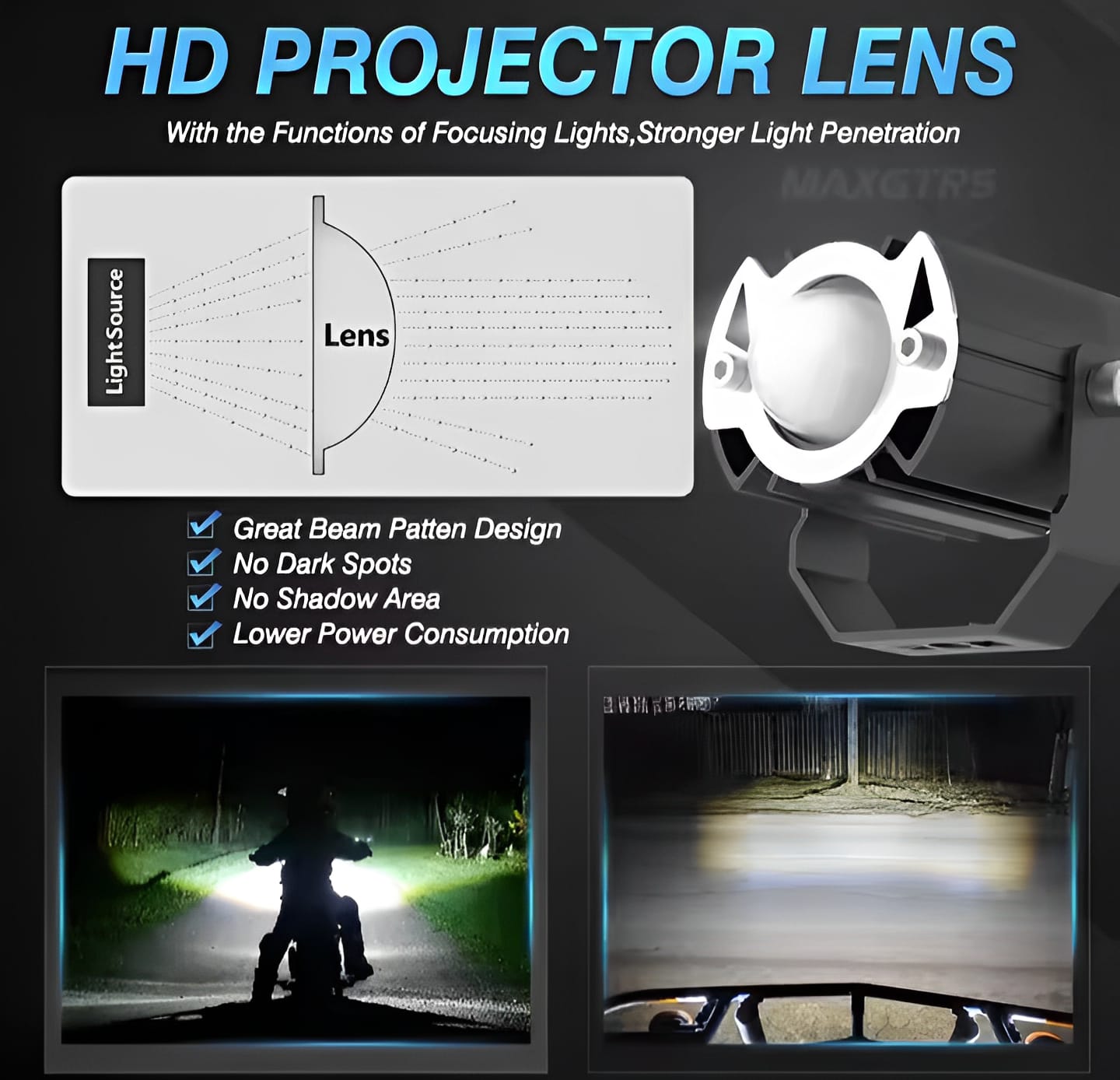 MAXGTRS Motorcycle Led Headlight Mini Projector Lens Tri-model Driving Auxiliary Scooter Spotlamp