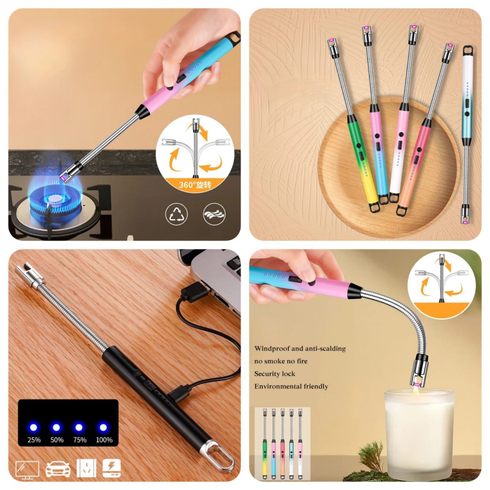 Arc Lighter With Usb Charging | Flameless Windproof | LED Battery Display | Safety Switch | Rotate 360 Degrees ( Random Color )