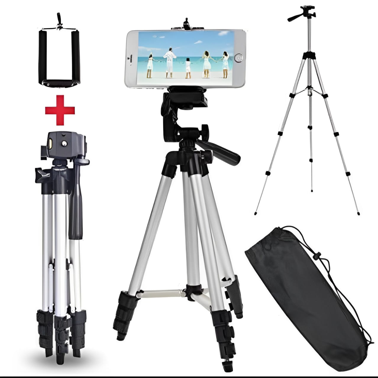 Adjustable Tripod Stand for Mobile Phones and Cameras with Mobile Holder, Portable DSLR Stand for Vlogging, Universal Silver Model 3110 and Bag